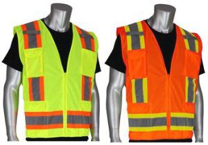PIP 302-0500 Surveyor Safety Vest Class 2 Type R Two Tone 11 Pocket Solid Front / Mesh Back Hi Vis Lime or Orange