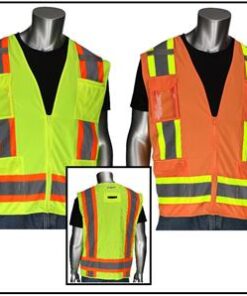 PIP 302-0500D Surveyor Safety Vest, Class 2 Type R Two Tone 11 Pocket Solid Front, Mesh Back With D-Ring Access, Hi Vis Yellow Or Orange