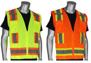 PIP 302-0500S Surveyor Safety Vest, Class 2 Type R Two Tone 11 Pocket, Solid Fabric, Hi Vis Yellow Or Orange