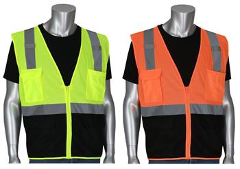 PIP 302-0710B ANSI Type R Class 2 Five Pocket Value Mesh Vest, Black Bottom Front, Hi Vis Yellow Or Orange