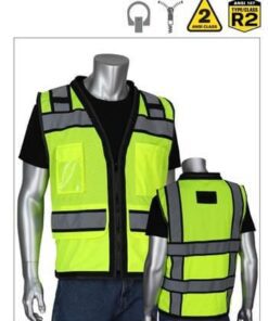PIP 302-0800D-LY ANSI Type R Hi Vis Class 2 Two-Tone 11-Pocket Tech-Ready Mesh Surveyors Vest, Zip Closure, D-Ring Access, Hi Vis Lime Yellow/ Black