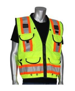 PIP 302-0900-LY ANSI Type R Hi Vis Class 2 Two-Tone 15-Pocket Tech-Ready Ripstop Surveyors Vest, Mesh Back, Zip Closure, Hi Vis Lime Yellow