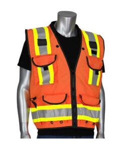 PIP 302-0900-OR ANSI Type R Hi Vis Class 2 Two-Tone 15-Pocket Tech-Ready Ripstop Surveyors Vest, Mesh Back, Zip Closure, Hi Vis Orange