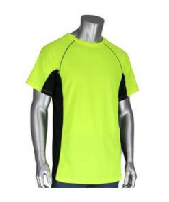 PIP 310-950B-LY Hi Vis Birdseye Polyester Short Sleeve T-Shirt, 50+ UPF Sun Protection, Insect Repellent Treatment, Hi Vis Yellow, Black Trim