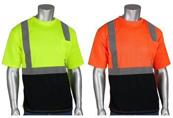 PIP 312-1250B Hi Vis ANSI Type R Class 2 Premium Mesh Short Sleeve T-Shirt, Hi Vis Yellow or Orange with Black Bottom