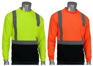 PIP 312-1350B Hi Vis Yellow or Orange with Black Bottom ANSI Type R Class 2 Premium Mesh Long Sleeve T-Shirt