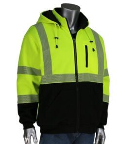 PIP 323-1400S ANSI Type R Class 3 Reversible Full Zip Hooded Sweatshirt, Hi Vis Yellow with Black Bottom Front