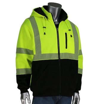 PIP 323-1400S ANSI Type R Class 3 Reversible Full Zip Hooded Sweatshirt, Hi Vis Yellow with Black Bottom Front