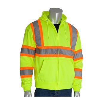 PIP 323-HSSP ANSI Class 3 Hi Vis Yellow Full Zip Hoodie Sweatshirt with DOT Two Tone Tape