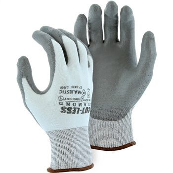 Majestic 37-3436 Dyneema Cut-Less Diamond Cut Resistant Gloves, 13 Gauge Seamless Knit, Gray Polyurethane Coated Palm, ANSI Cut Level 3, Box/12 Pairs