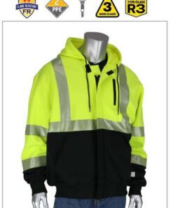 PIP 385-1370FR ANSI Type R Class 3 AR/FR Full Zip Hooded Sweatshirt 19.2 Cal NFPA 70E Hi Vis Yellow Black Bottom
