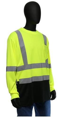West Chester 47410 Hi Vis Class 3 Birdseye Mesh Color Block Long Sleeve T-Shirt, Hi Vis Lime Green, Black Bottom