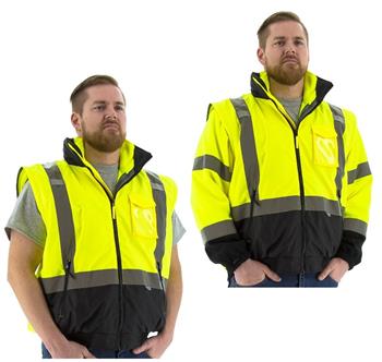 Majestic 75-1383 Class 3 Hi Vis Yellow and Black Bottom Transformer High Visibility 8 in 1 Winter Bomber Jacket Fleece Lined Waterproof