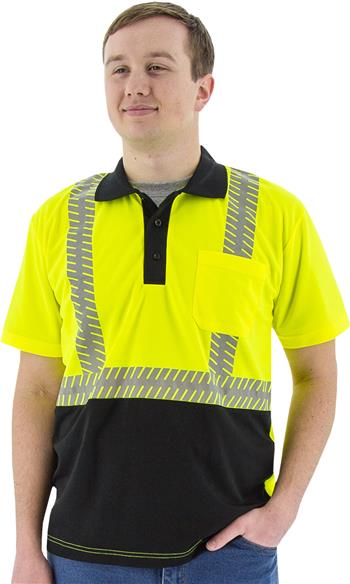 Majestic 75-5213 High Visibility Class 2 Short Sleeve Mesh Polo Shirt with Reflective Chainsaw Striping, Hi Vis Yellow, Black Bottom
