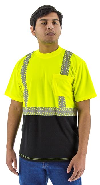 Majestic 75-5215 High Visibility Class 2 Short Sleeve Mesh T-Shirt with Reflective Chainsaw Striping, Hi Vis Yellow, Black Bottom