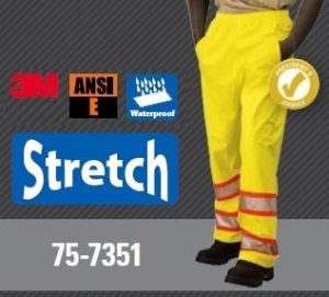 Majestic 75-7351 High Vis Yellow Class E DOT Rain Pants, Polyester, Breathable, Stretchable, Polyurethane Coated, Waterproof, Unlined