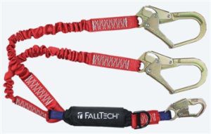 FallTech 8247ELY3D   6' Ironman 12' free fall Energy Absorbing Dual Leg Stretch Lanyard, Double-leg with Steel Rebar Hooks & SRL D-Ring