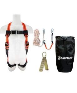 SafeWaze FS-ROOF-E-BP Premium Roofing Kit with pass through leg harness, reusable roof anchor, and rope lifeline packaged in a backpack.