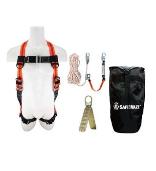 SafeWaze FS-ROOF-E-BP Premium Roofing Kit with pass through leg harness, reusable roof anchor, and rope lifeline packaged in a backpack.