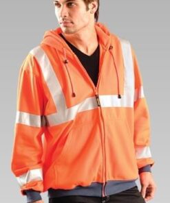 OccuNomix LUX-SWT3HZ Class 3 Hi Vis Orange Full Zip Hoodie Sweatshirt with Navy Wrists & Waistband