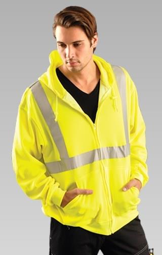 OccuNomix LUX-SWTLHZ Classic Full Zip Hoodie Sweatshirt, ANSI Class 2, 6 oz. Fabric Wt, Hi Vis Yellow