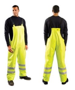 OccuNomix LUX-TBIB/FR Premium Flame Resistant, Waterproof Hi Vis Rain Bib Pant, ANSI/ISEA 107-2010: Class E (Class 3 when worn with Jacket), ASTM F1891 Arc Rating: ATPV= 18.5 cal/cm2, NFPA 70E/Hazard Risk Category (HRC) = 2