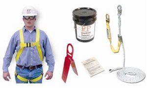 FrenchCreek RKB-1715-50 Roofer's Kit, Lightweight Full Body Harness w/ 3' Lanyard, 50' Lifeline w/ Manual Rope Grab, Reusable Anchor & Bucket
