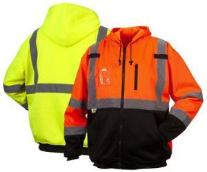 Pyramex RSZH33 Series Hi Vis Type R Class 3 Full Zip Hooded Sweatshirt, Weatherproof, Hi Vis Lime Green or Hi Vis Orange, Black Bottom Front