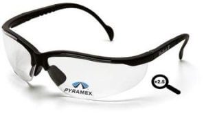 Pyramex SB1810R25 Safety Glasses, V2 Readers Eyewear Clear +2.5 Lens with Black Frame, Qty: Box/12 prs