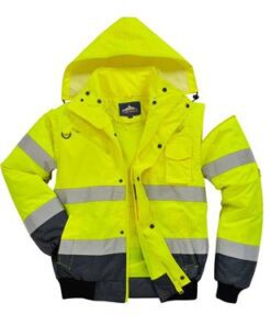 PortWest UC465 Hi Vis Yellow 3-in-1 Class 3 Contrast Bomber Jacket, Waterproof, Removable Sleeves, Fur Collar & Liner