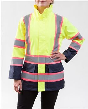 Utility Pro UHV825 Women's Class 2 Rain Jacket, Lime & Navy with Pink Trimmed Reflective Striping
