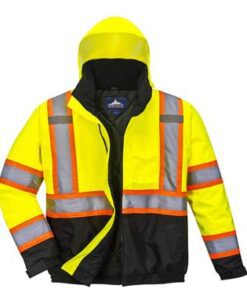 PortWest US367 Hi Vis 2-in-1 Contrast Tape Bomber Jacket, Class 3 Type R, Stain Resistant, Hi Vis Yellow with Hi Vis Orange Trim