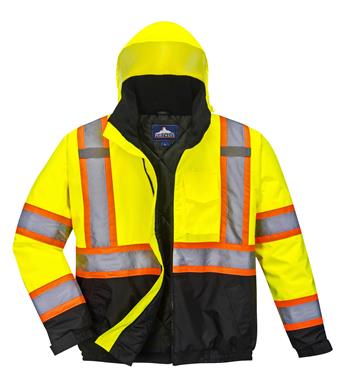 PortWest US367 Hi Vis 2-in-1 Contrast Tape Bomber Jacket, Class 3 Type R, Stain Resistant, Hi Vis Yellow with Hi Vis Orange Trim