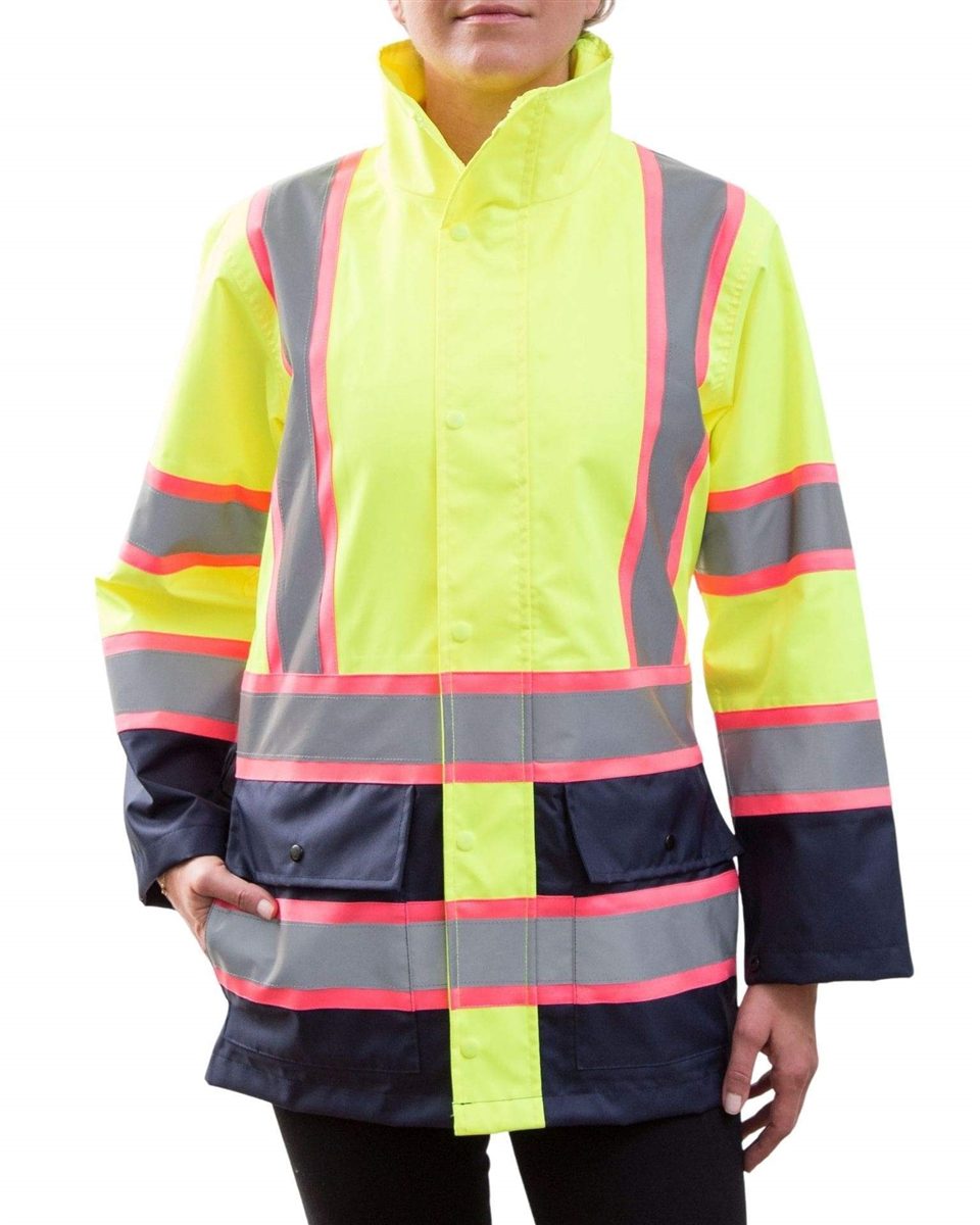 Utility Pro UHV825 Women's Class 2 Rain Jacket, Lime & Navy with Pink Trimmed Reflective Striping - Image 3