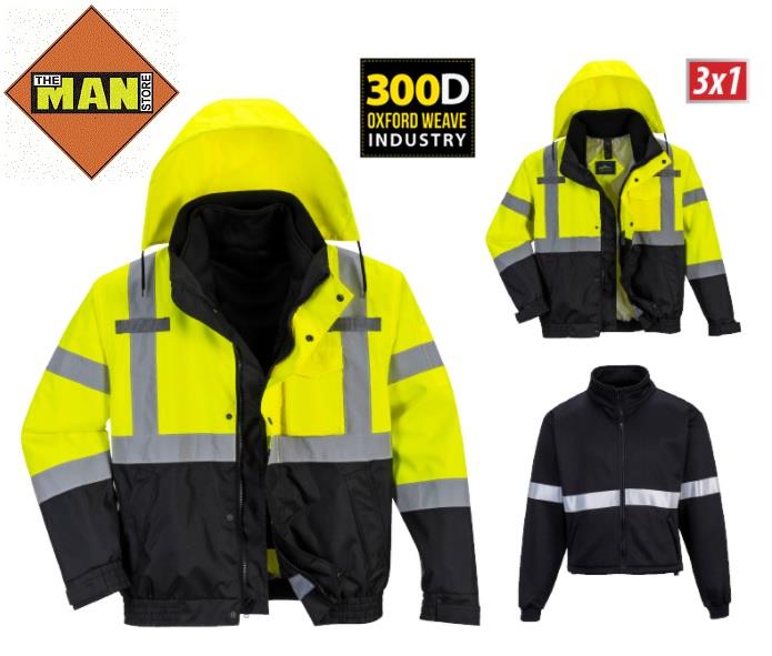 PortWest US365 Hi Vis Class 3 Type R 3-in-1 Premium Bomber Jacket, Waterproof, Hi Vis Yellow/ Black Bottom - Image 3
