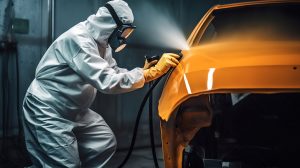 painting contractor wearing ppe while spray painting a car.