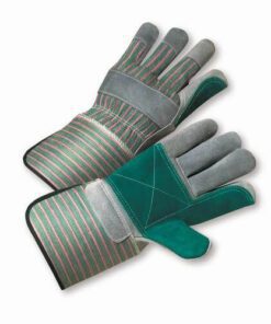 West Chester 800DP Split Cowhide Shoulder Leather Double Palm, Green/Pink Canvas Back w/ Knuckle Strap, 4 1/2inch Rubberized Gauntlet Cuff Gloves - Large - Box/12 Pairs
